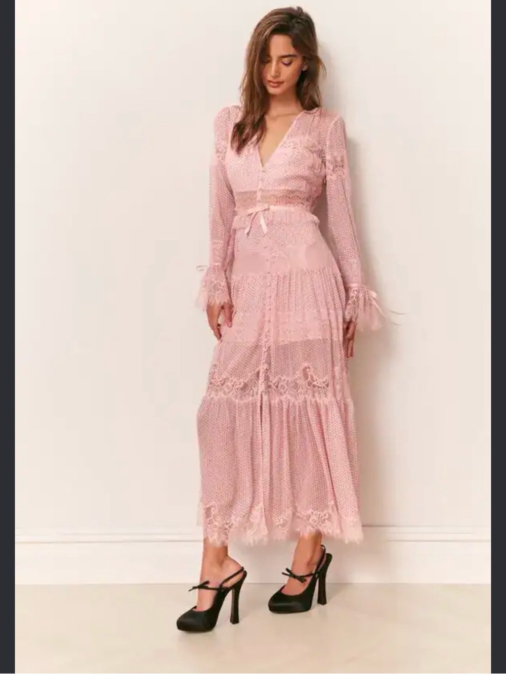 LoveShackFancy Blush Pink Lace Tiered Maxi Dress